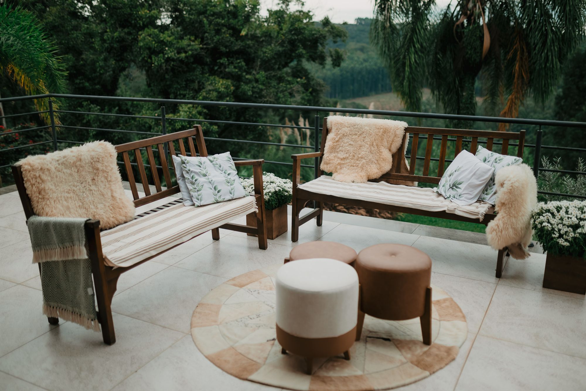 Solid wood outdoor seating on a terrace