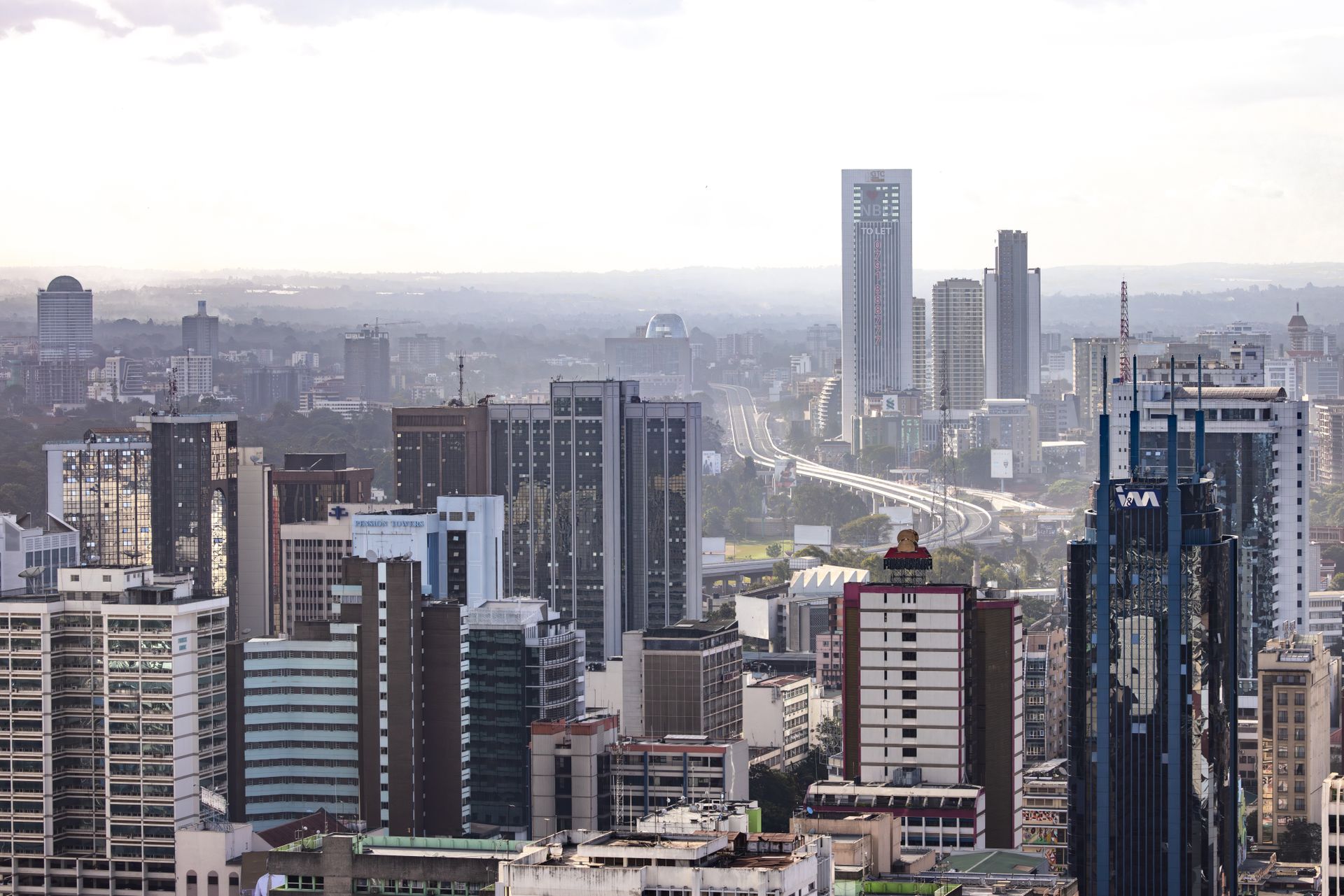 Distant view of the modern skyline of central Nairobi, Kenya