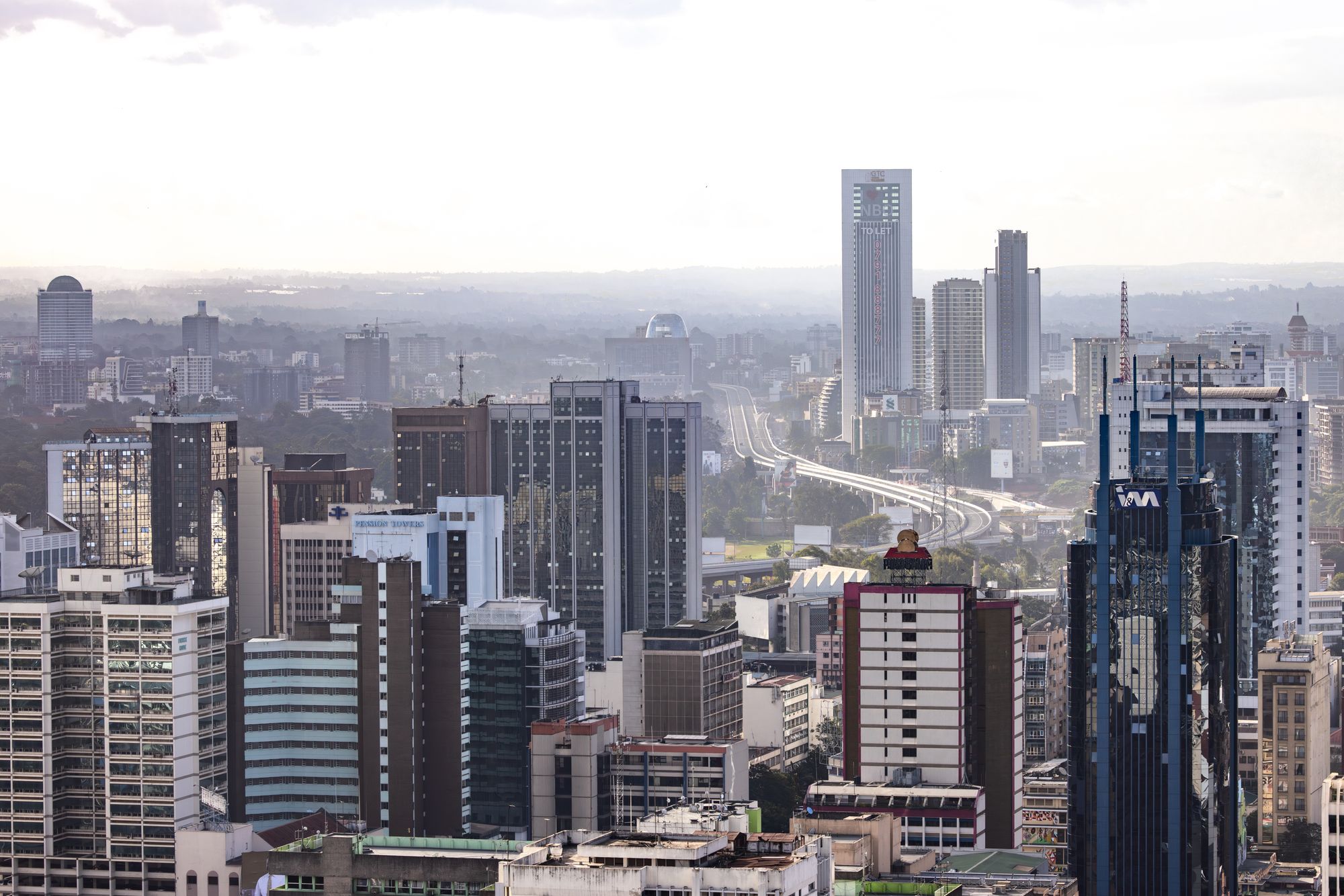 Nairobi tower blocks seen from above in daylight