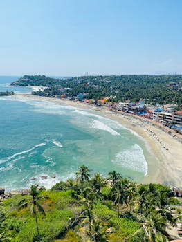 A stunning aerial view of Kovalam Beach with turquoise waters and lush greenery in Kerala, India.