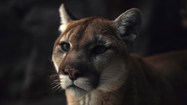 Intimate close-up of a cougar in a natural habitat, exuding strength and grace.