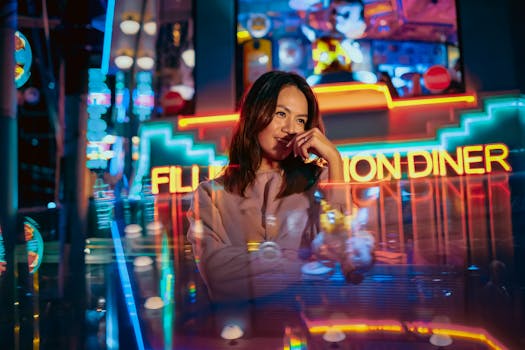 这张照片很迷人，一位女士身处一家湿漉漉的餐厅，散发着现代时尚的氛围