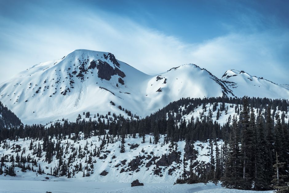 Winter view of snow-covered mountains in British Columbia's Garibaldi Provincial Park.