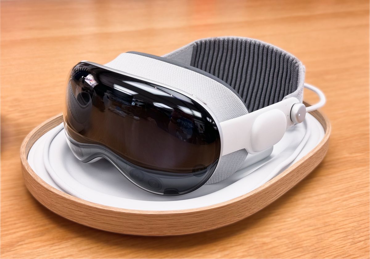 VR headset displaying a futuristic holographic interface