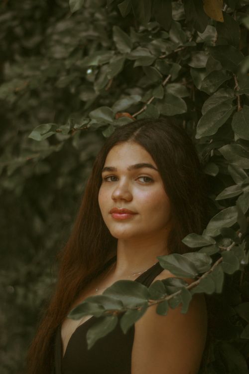 Free A serene portrait of a woman surrounded by lush green leaves Stock Photo