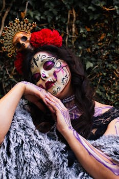 Colorful Dia de los Muertos makeup with floral crown, showcasing cultural artistry.