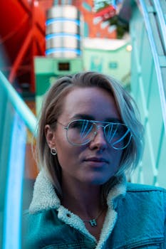 Stylish woman with eyewear posing against colorful urban background.