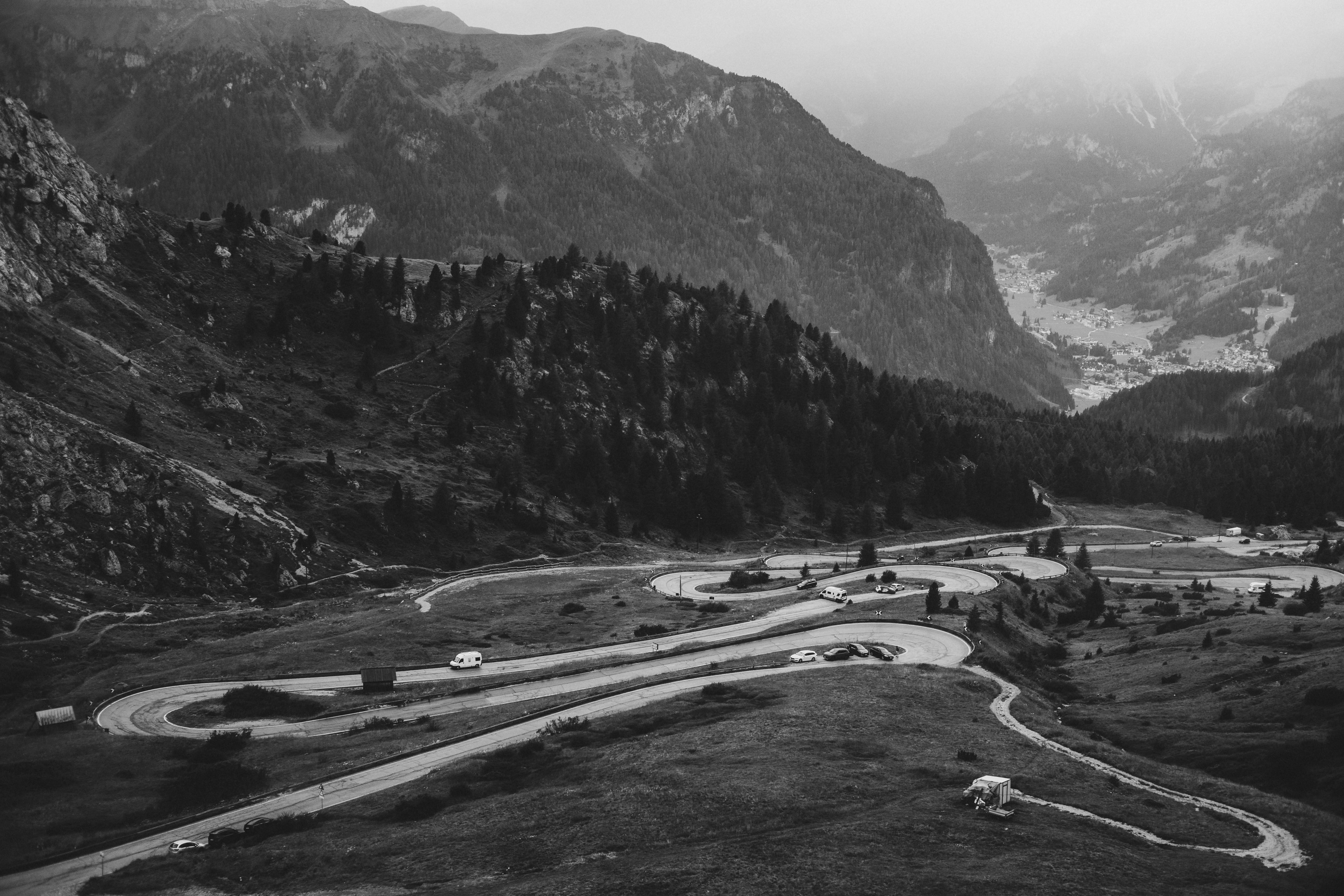 Aerial view of winding mountain road in Trentino-Alto Adige, Italy.