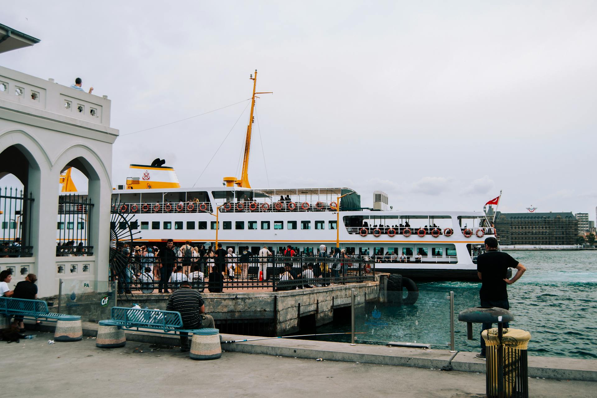 Crowded Ferry Dock in Istanbul Cityscape