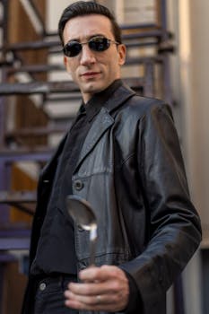 Man in Neo cosplay from The Matrix with black leather jacket and sunglasses.