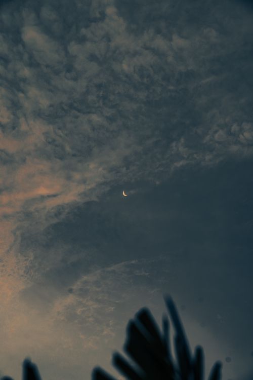 Free A scenic view of a crescent moon in a cloudy night sky above Jakarta, Indonesia. Stock Photo
