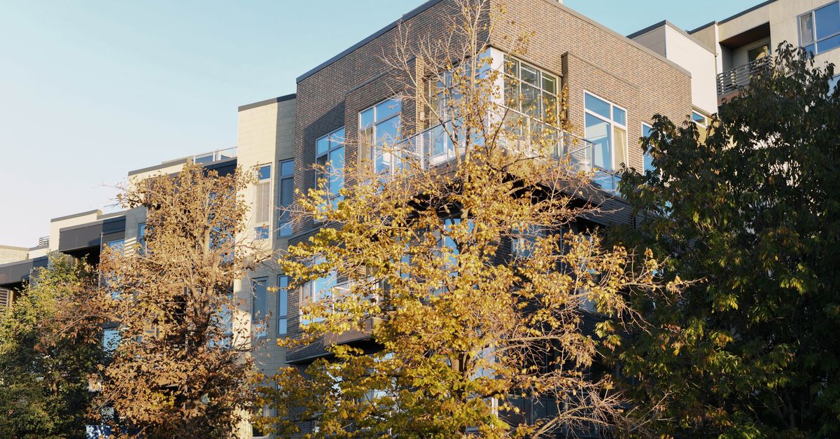 Modern apartment building surrounded by autumn trees under clear blue sky.