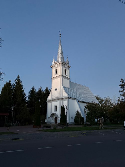 Free Beautiful white church with a tall spire set against a clear blue sky, surrounded by greenery. Stock Photo