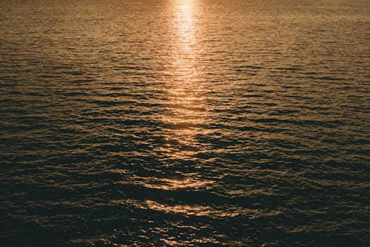 Golden sunset reflecting on the sea in Marseille, creating a serene and tranquil atmosphere.