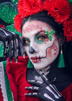 Stunning Catrina makeup with floral headpiece for Dia de los Muertos celebration.