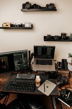 A contemporary home office desk setup featuring cameras, monitors, and a laptop.