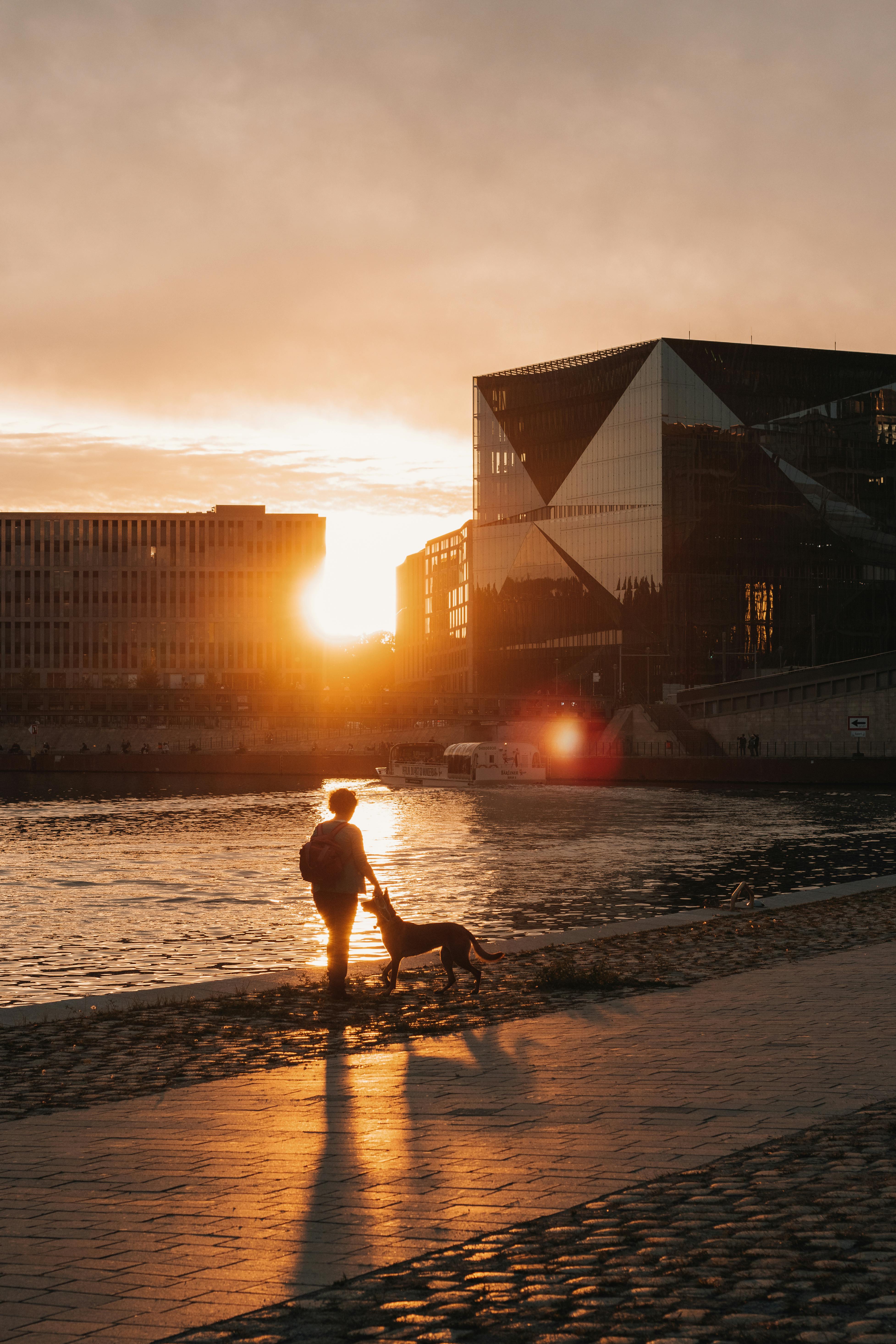 A man and his dog enjoy a peaceful sunset by the river in Berlin, Germany.