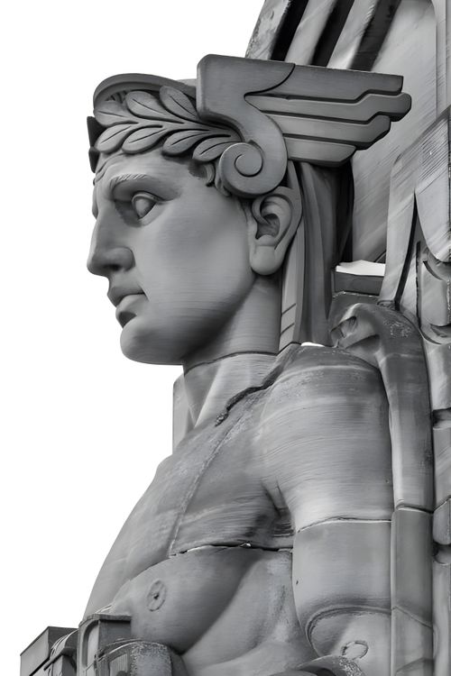 Free Close-up of an art deco guardian statue in monochrome, emphasizing architecture. Stock Photo