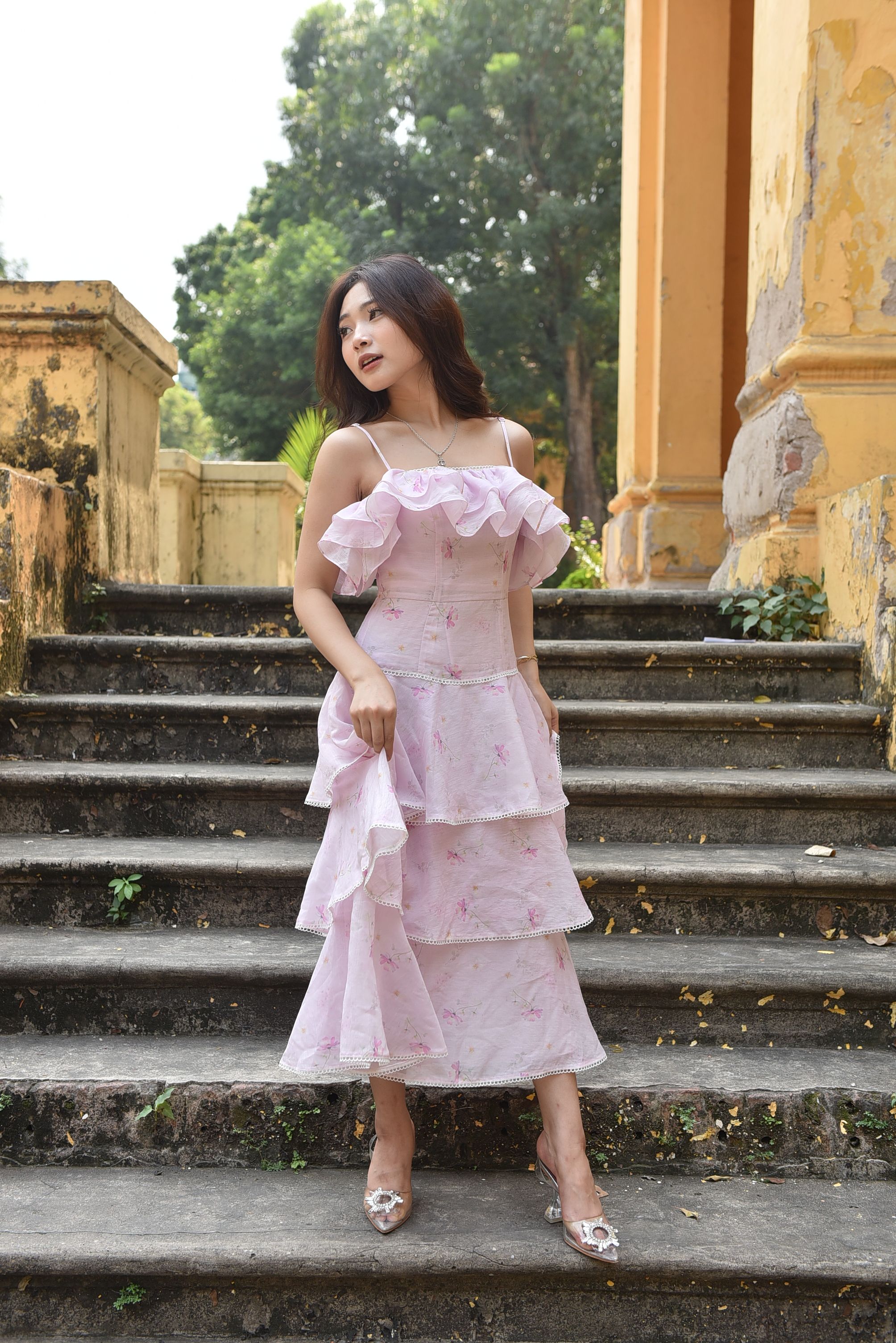 Elegant Woman in Pastel Pink Dress Outdoors · Free Stock Photo