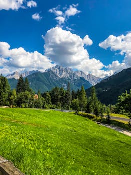 斯洛文尼亚山脉的田园风光，有郁郁葱葱的绿色田野和蓝天