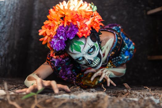 Day of the Dead portrayal with skeletal makeup and bright floral headdress in Mexico City cemetery.