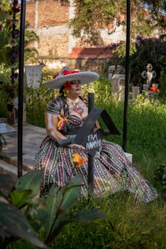 A festive Catrina in traditional dress sits in a lush Mexican cemetery, embracing the spirit of Día de Muertos.
