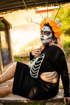 Colorful skeletal makeup and floral crown celebrate Mexican Day of the Dead.