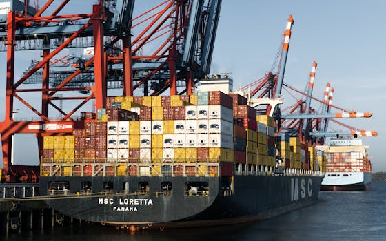 Aerial view of cargo ships at Hamburg port terminal with cranes and shipping containers.
