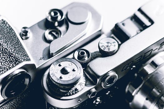 老式相机的特写镜头详细展示了机械表盘和开关，突出了经典设计