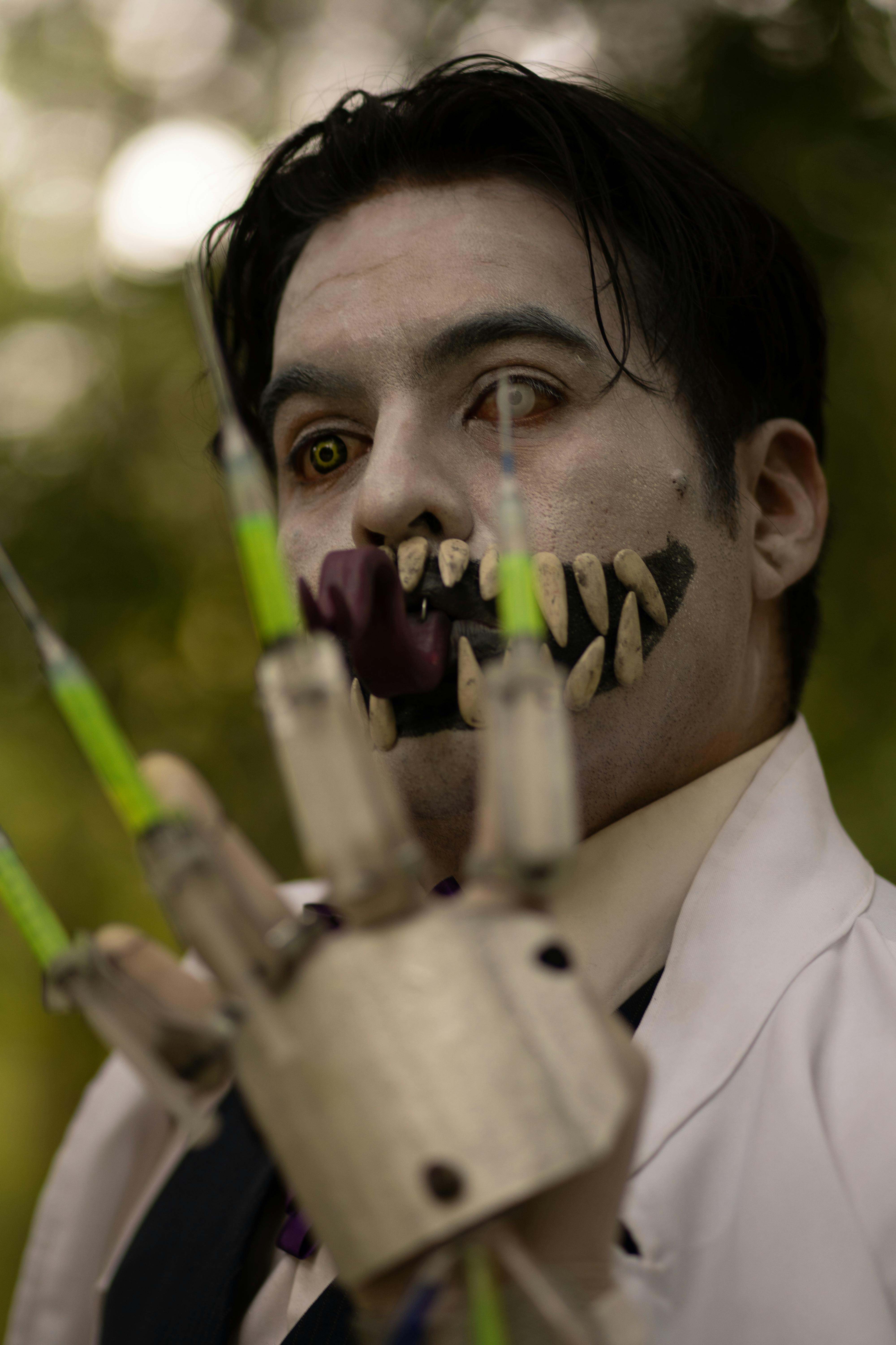 spooky halloween costume with fake teeth
