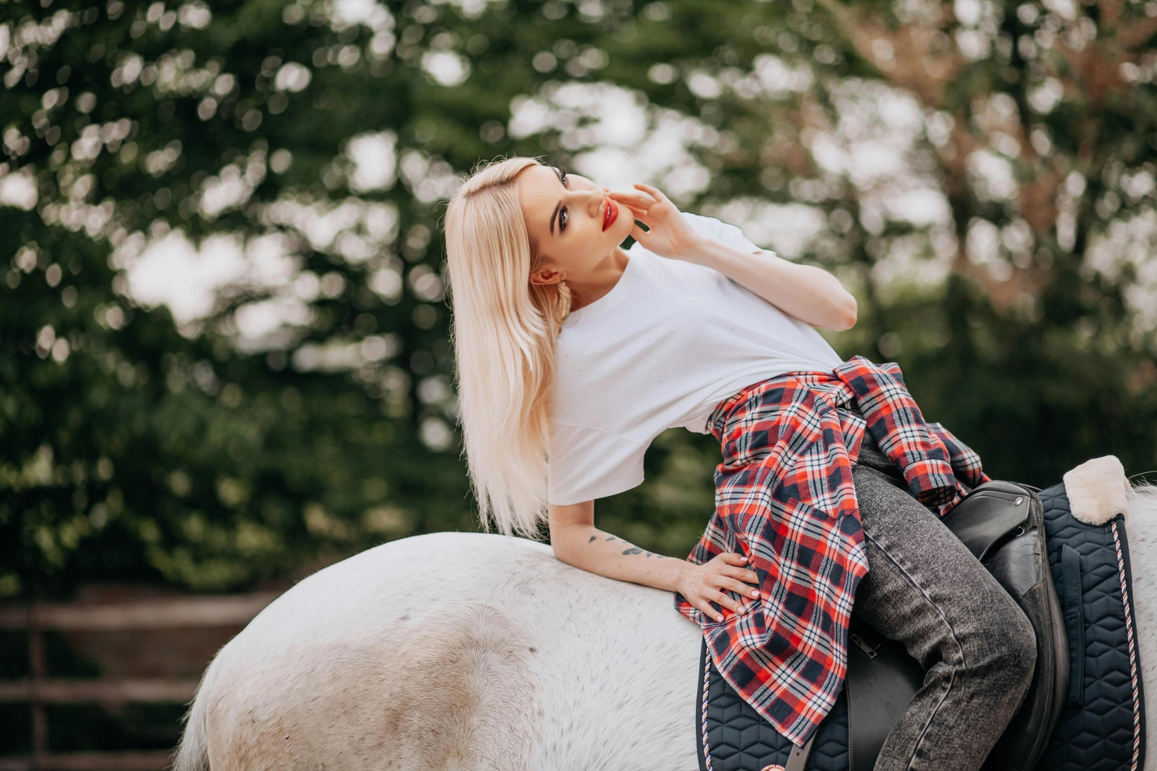 White Tee Red Plaid Flannel Dark Jeans