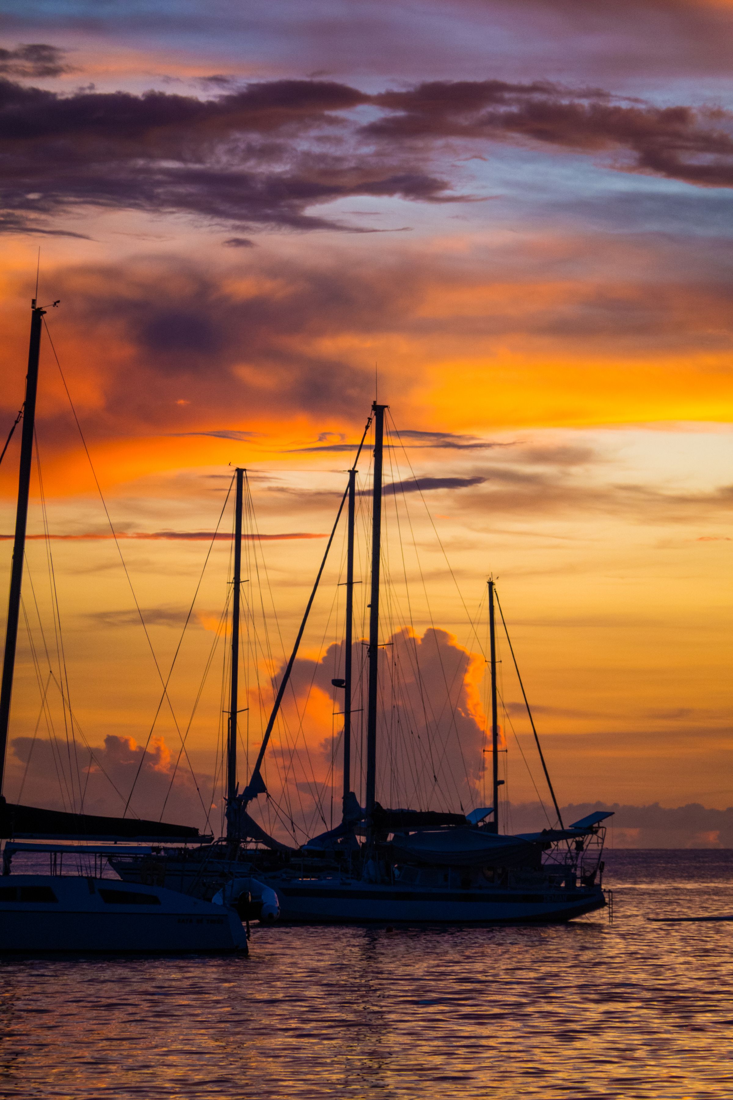 A sailboat crossing calm Caribbean water at sunset