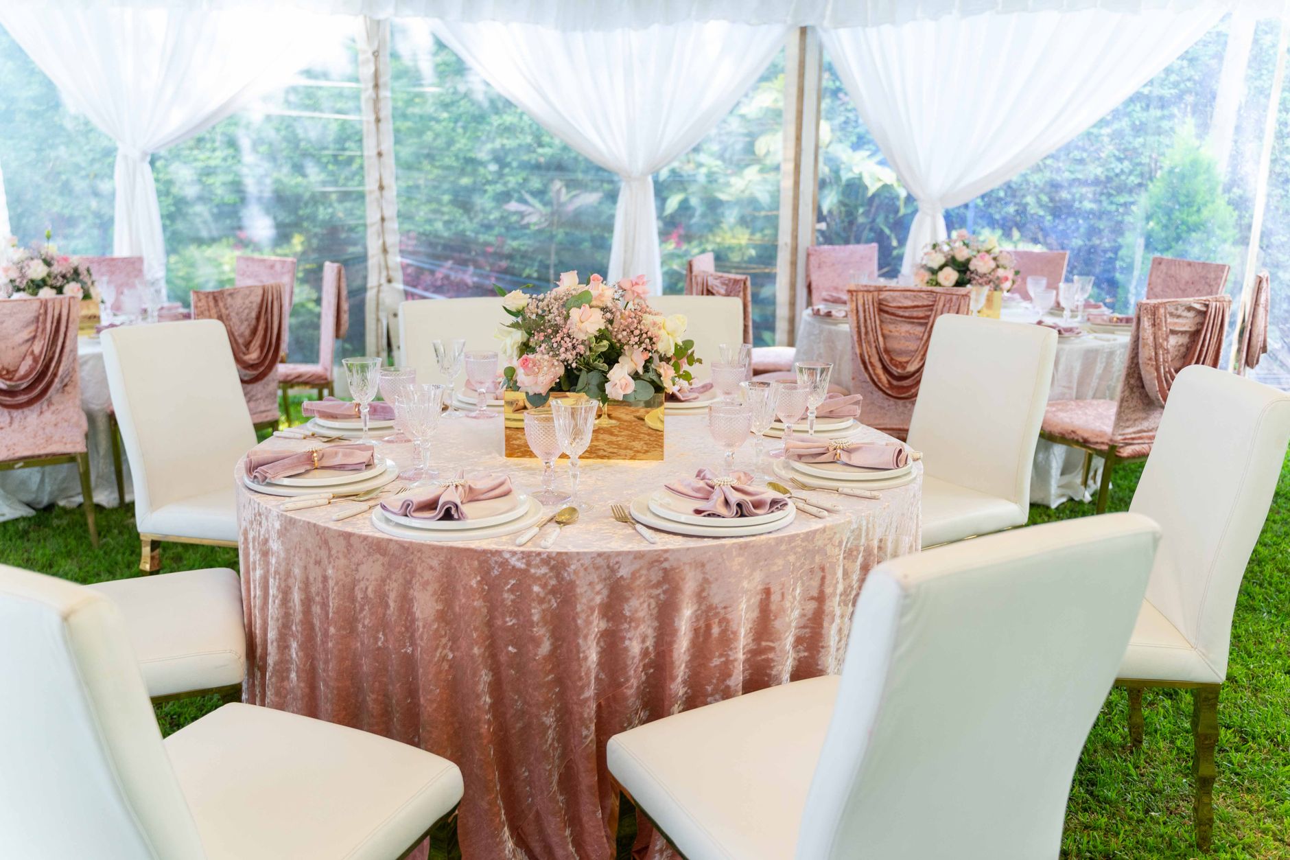 Refined Table Setting with Velvet Cloth and Golden Utensils