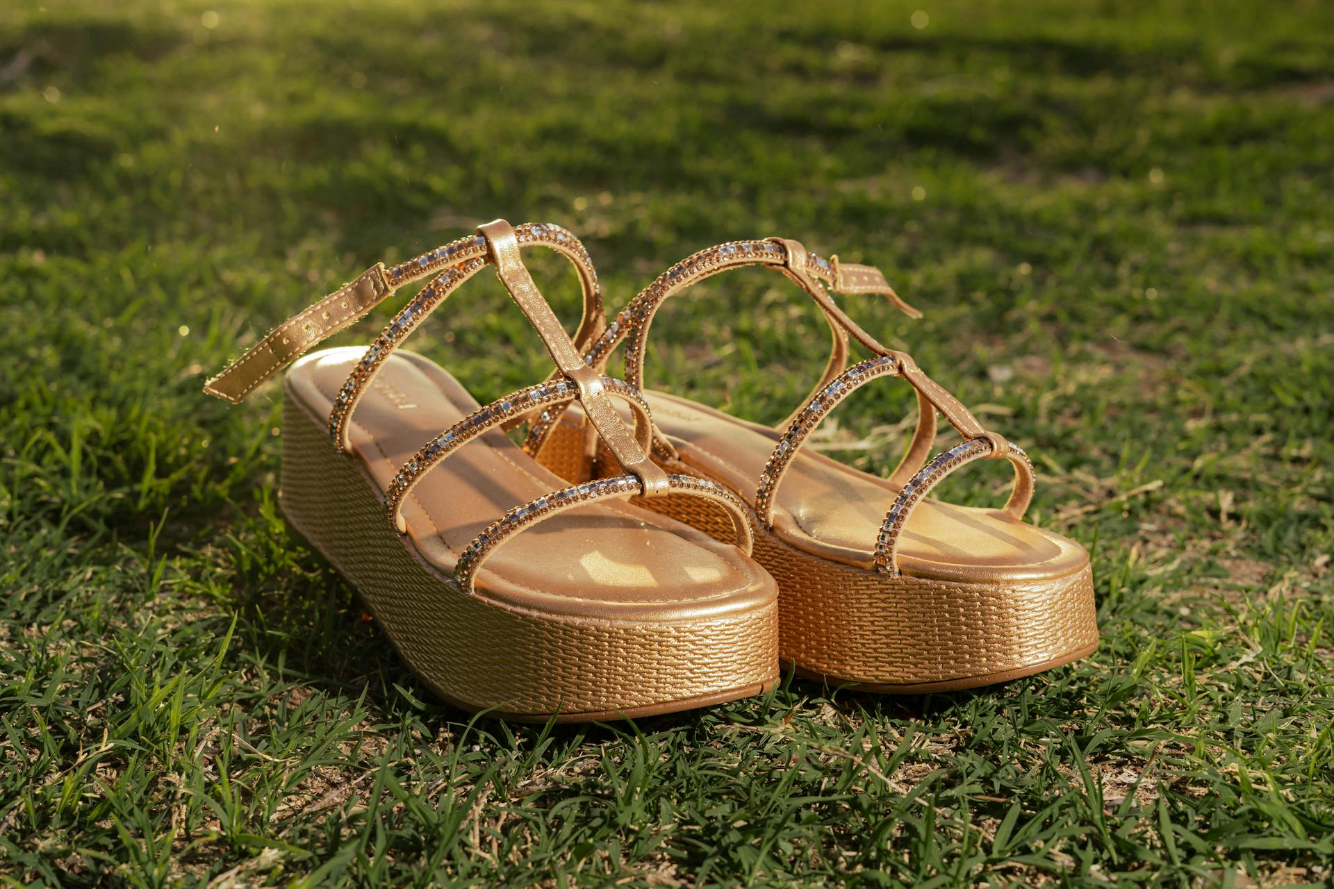 Elegant Golden Platform Sandals on Grass