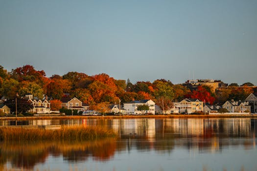 Beautiful autumn colors and serene morning view of Cove Island Park, Stamford, Connecticut.