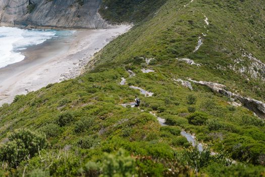Hiker on a lush trail with stunning views of Albany's rugged coastline, Western Australia.