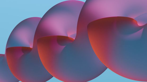 Colorful abstract geometric shapes resembling shells, featuring vibrant red, pink, and blue hues on a blue backdrop.