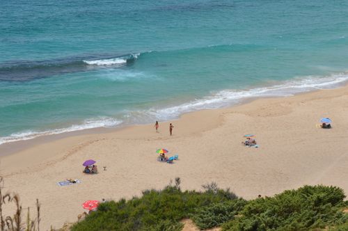 Free A scenic aerial view of a sandy beach with colorful umbrellas and turquoise water, capturing a relaxing summer day. Stock Photo