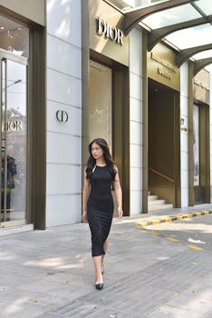 Woman in a black dress walking past a luxury storefront in an urban setting, exuding elegance and style.