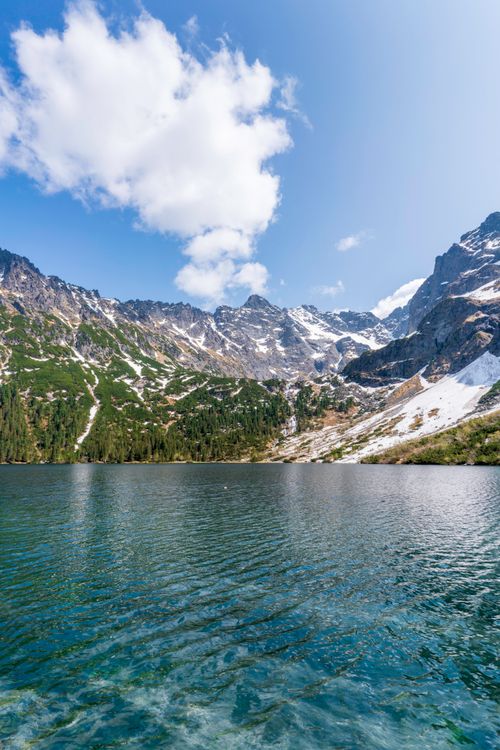Free Beautiful lake surrounded by snow-capped Tatra mountains under a clear blue sky in Poland. Stock Photo