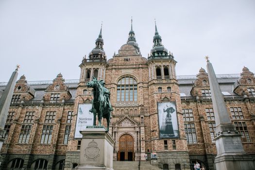 Front view of the Nordic Museum in Stockholm, showcasing iconic architecture.