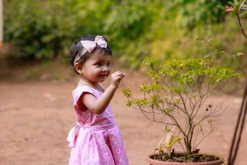 Free Charming toddler in a pink dress explores the garden outdoors. Stock Photo