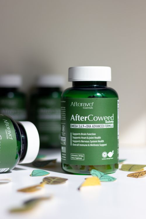 Free Image of AfterCoweed Omega 3,6,9+ DHA supplement bottle for brain and joint support. Stock Photo