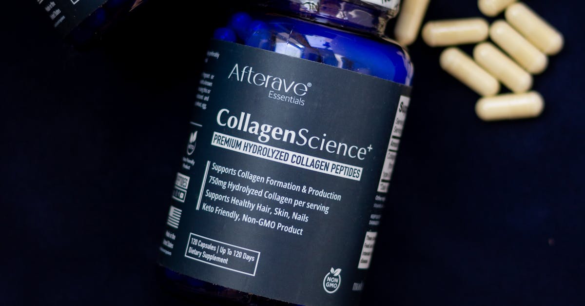 Premium hydrolyzed collagen peptides for skin health, shown with capsules on dark setup.