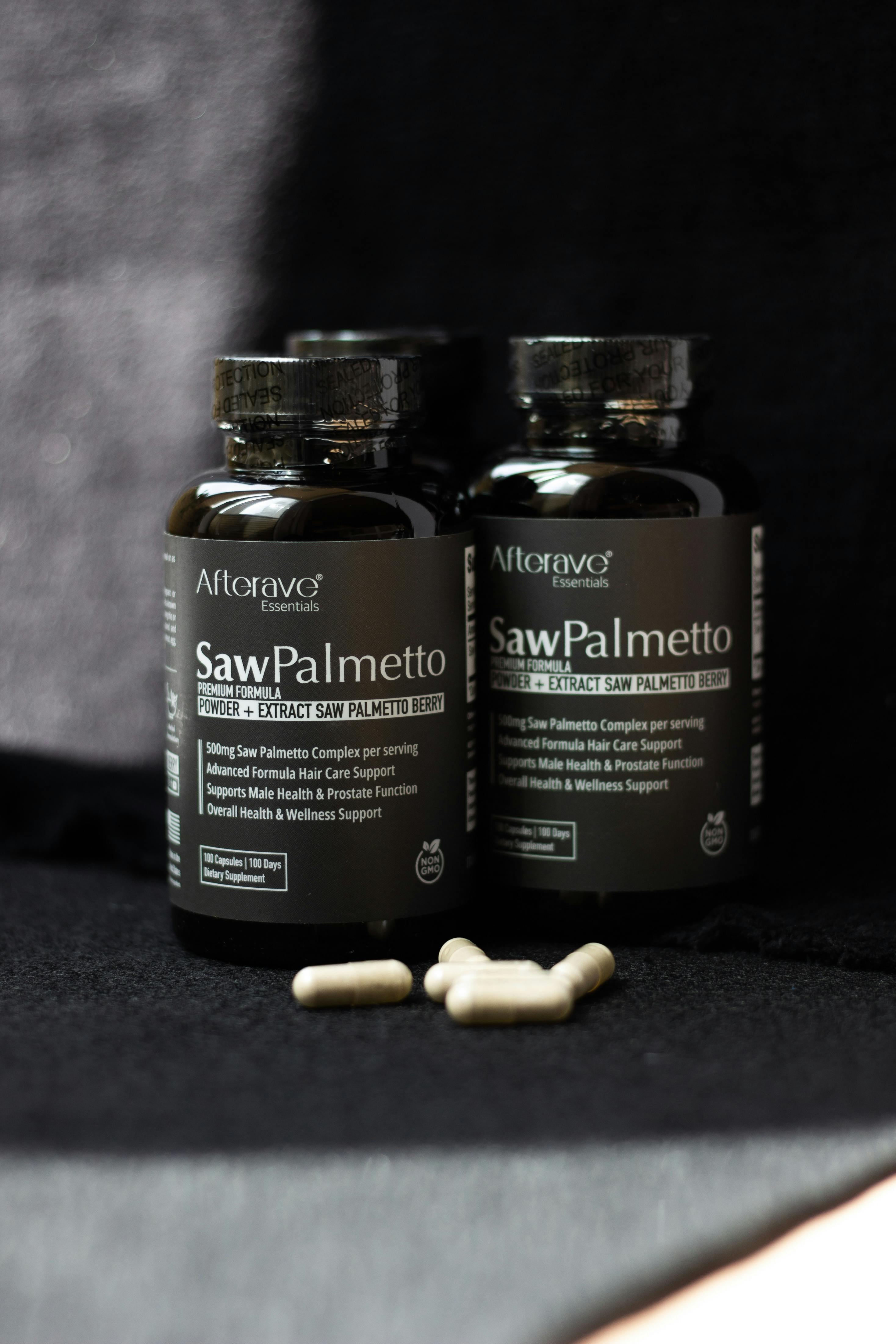 Saw Palmetto supplements for prostate and hair health support with black background.