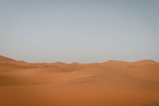 Explore the expansive sand dunes of Merzouga's Sahara Desert under a clear sky.