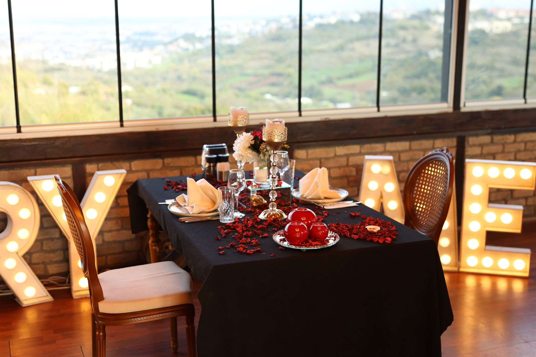 Elegant Romantic Dining Table Setup with Scenic View