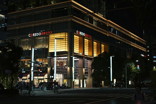 Illuminated exterior of COREDO Muromachi building in Tokyo at night.