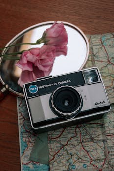 A Kodak Instamatic camera, pink flowers, and a map create a vintage travel scene.