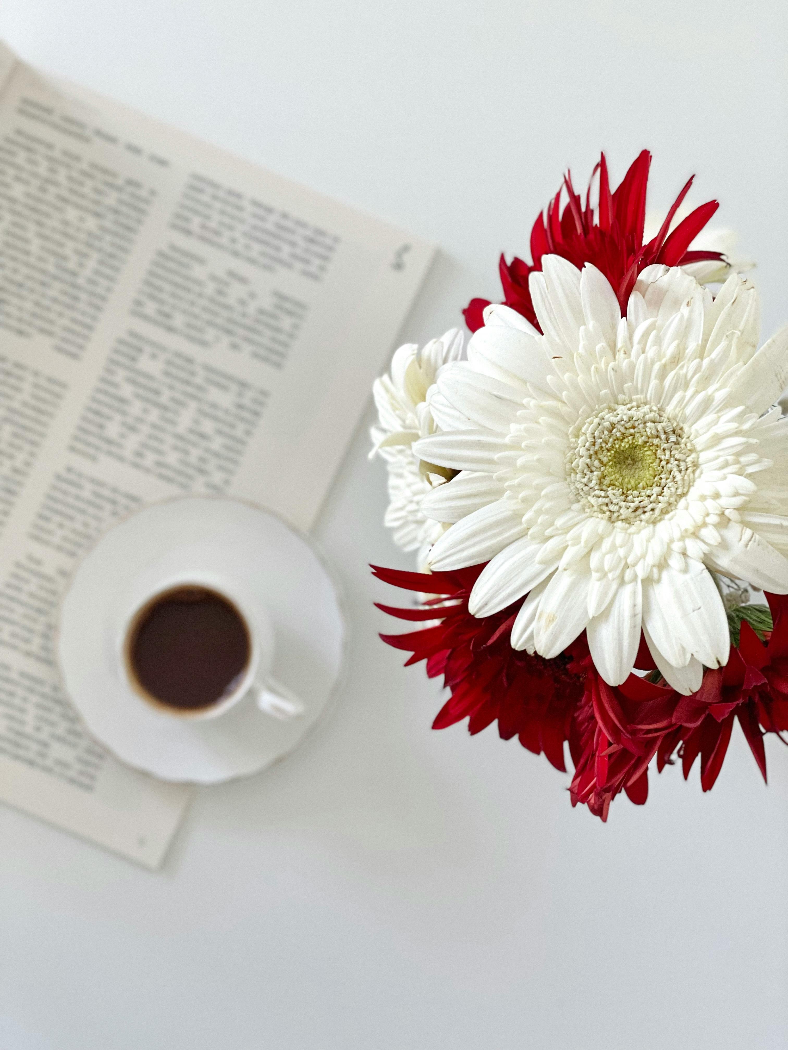 elegant flat lay with flowers and coffee